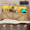 imageVIAGDO Rattan Bed Frame Queen Size with Bookcase Storage Headboard Charging Station and LED Lights Wooden Queen Bed Frame with 4 Drawers Barn Door Design No Box Spring Needed No Noise NaturalRattan