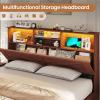 imageVIAGDO Rattan Bed Frame Queen Size with Bookcase Storage Headboard Charging Station and LED Lights Wooden Queen Bed Frame with 4 Drawers Barn Door Design No Box Spring Needed No Noise NaturalReddish Brown