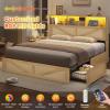 imageVIAGDO Rattan Bed Frame Queen Size with Bookcase Storage Headboard Charging Station and LED Lights Wooden Queen Bed Frame with 4 Drawers Barn Door Design No Box Spring Needed No Noise NaturalRattan