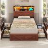 imageVIAGDO Rattan Bed Frame Queen Size with Bookcase Storage Headboard Charging Station and LED Lights Wooden Queen Bed Frame with 4 Drawers Barn Door Design No Box Spring Needed No Noise NaturalReddish Brown