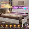 imageVIAGDO Rattan Bed Frame Queen Size with Bookcase Storage Headboard Charging Station and LED Lights Wooden Queen Bed Frame with 4 Drawers Barn Door Design No Box Spring Needed No Noise NaturalWhite