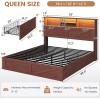 imageVIAGDO Rattan Bed Frame Queen Size with Bookcase Storage Headboard Charging Station and LED Lights Wooden Queen Bed Frame with 4 Drawers Barn Door Design No Box Spring Needed No Noise NaturalReddish Brown