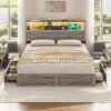 imageVIAGDO Rattan Bed Frame Queen Size with Bookcase Storage Headboard Charging Station and LED Lights Wooden Queen Bed Frame with 4 Drawers Barn Door Design No Box Spring Needed No Noise NaturalGrey