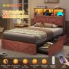 imageVIAGDO Rattan Bed Frame Queen Size with Bookcase Storage Headboard Charging Station and LED Lights Wooden Queen Bed Frame with 4 Drawers Barn Door Design No Box Spring Needed No Noise NaturalReddish Brown