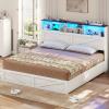 imageVIAGDO Rattan Bed Frame Queen Size with Bookcase Storage Headboard Charging Station and LED Lights Wooden Queen Bed Frame with 4 Drawers Barn Door Design No Box Spring Needed No Noise NaturalWhite