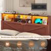 imageVIAGDO Rattan Bed Frame Queen Size with Bookcase Storage Headboard Charging Station and LED Lights Wooden Queen Bed Frame with 4 Drawers Barn Door Design No Box Spring Needed No Noise NaturalReddish Brown