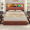 imageVIAGDO Rattan Bed Frame Queen Size with Bookcase Storage Headboard Charging Station and LED Lights Wooden Queen Bed Frame with 4 Drawers Barn Door Design No Box Spring Needed No Noise NaturalReddish Brown