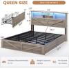 imageVIAGDO Rattan Bed Frame Queen Size with Bookcase Storage Headboard Charging Station and LED Lights Wooden Queen Bed Frame with 4 Drawers Barn Door Design No Box Spring Needed No Noise NaturalGrey