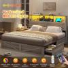 imageVIAGDO Rattan Bed Frame Queen Size with Bookcase Storage Headboard Charging Station and LED Lights Wooden Queen Bed Frame with 4 Drawers Barn Door Design No Box Spring Needed No Noise NaturalGrey