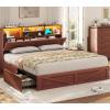 imageVIAGDO Rattan Bed Frame Queen Size with Bookcase Storage Headboard Charging Station and LED Lights Wooden Queen Bed Frame with 4 Drawers Barn Door Design No Box Spring Needed No Noise NaturalReddish Brown