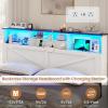 imageVIAGDO Rattan Bed Frame Queen Size with Bookcase Storage Headboard Charging Station and LED Lights Wooden Queen Bed Frame with 4 Drawers Barn Door Design No Box Spring Needed No Noise NaturalWhite