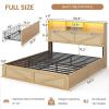 imageVIAGDO Rattan Bed Frame Queen Size with Bookcase Storage Headboard Charging Station and LED Lights Wooden Queen Bed Frame with 4 Drawers Barn Door Design No Box Spring Needed No Noise NaturalRattan