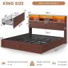 imageVIAGDO Rattan Bed Frame Queen Size with Bookcase Storage Headboard Charging Station and LED Lights Wooden Queen Bed Frame with 4 Drawers Barn Door Design No Box Spring Needed No Noise NaturalReddish Brown