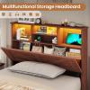 imageVIAGDO Rattan Bed Frame Queen Size with Bookcase Storage Headboard Charging Station and LED Lights Wooden Queen Bed Frame with 4 Drawers Barn Door Design No Box Spring Needed No Noise NaturalReddish Brown
