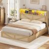 imageVIAGDO Rattan Bed Frame Queen Size with Bookcase Storage Headboard Charging Station and LED Lights Wooden Queen Bed Frame with 4 Drawers Barn Door Design No Box Spring Needed No Noise NaturalRattan