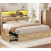 imageVIAGDO Rattan Bed Frame Queen Size with Bookcase Storage Headboard Charging Station and LED Lights Wooden Queen Bed Frame with 4 Drawers Barn Door Design No Box Spring Needed No Noise NaturalRattan
