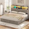 imageVIAGDO Rattan Bed Frame Queen Size with Bookcase Storage Headboard Charging Station and LED Lights Wooden Queen Bed Frame with 4 Drawers Barn Door Design No Box Spring Needed No Noise NaturalGrey