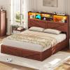 imageVIAGDO Rattan Bed Frame Queen Size with Bookcase Storage Headboard Charging Station and LED Lights Wooden Queen Bed Frame with 4 Drawers Barn Door Design No Box Spring Needed No Noise NaturalReddish Brown