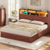imageVIAGDO Rattan Bed Frame Queen Size with Bookcase Storage Headboard Charging Station and LED Lights Wooden Queen Bed Frame with 4 Drawers Barn Door Design No Box Spring Needed No Noise NaturalReddish Brown