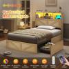 imageVIAGDO Rattan Bed Frame Queen Size with Bookcase Storage Headboard Charging Station and LED Lights Wooden Queen Bed Frame with 4 Drawers Barn Door Design No Box Spring Needed No Noise NaturalRattan