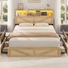 imageVIAGDO Rattan Bed Frame Queen Size with Bookcase Storage Headboard Charging Station and LED Lights Wooden Queen Bed Frame with 4 Drawers Barn Door Design No Box Spring Needed No Noise NaturalRattan