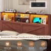 imageVIAGDO Rattan Bed Frame Queen Size with Bookcase Storage Headboard Charging Station and LED Lights Wooden Queen Bed Frame with 4 Drawers Barn Door Design No Box Spring Needed No Noise NaturalReddish Brown