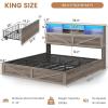 imageVIAGDO Rattan Bed Frame Queen Size with Bookcase Storage Headboard Charging Station and LED Lights Wooden Queen Bed Frame with 4 Drawers Barn Door Design No Box Spring Needed No Noise NaturalGrey