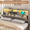 imageVIAGDO Rattan Bed Frame Queen Size with Bookcase Storage Headboard Charging Station and LED Lights Wooden Queen Bed Frame with 4 Drawers Barn Door Design No Box Spring Needed No Noise NaturalGrey