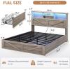 imageVIAGDO Rattan Bed Frame Queen Size with Bookcase Storage Headboard Charging Station and LED Lights Wooden Queen Bed Frame with 4 Drawers Barn Door Design No Box Spring Needed No Noise NaturalGrey