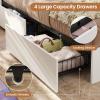 imageVIAGDO Rattan Bed Frame Queen Size with Bookcase Storage Headboard Charging Station and LED Lights Wooden Queen Bed Frame with 4 Drawers Barn Door Design No Box Spring Needed No Noise NaturalWhite
