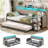 imageVIAGDO Day Bed with Trundle Bed Twin Wood Day Bed with Hidden Storage Headboard Farmhouse Daybed with Charging Station and LED Lights Twin to King Daybed for Living Room Guest Room Rustic BrownGrey