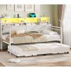 imageVIAGDO Day Bed with Trundle Bed Twin Wood Day Bed with Hidden Storage Headboard Farmhouse Daybed with Charging Station and LED Lights Twin to King Daybed for Living Room Guest Room White