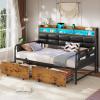 imageVIAGDO Daybed Twin Size with 2 Storage Drawers and Charging Station Metal Day Bed Frame Twin with Shelf Headboard and LED Lights Twin Corner Bed Frame for Living Room Bedroom Guest Room BlackBlack
