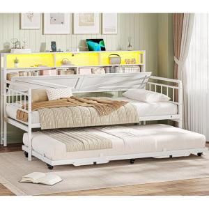 imageVIAGDO Day Bed with Trundle Bed Twin Wood Day Bed with Hidden Storage Headboard Farmhouse Daybed with Charging Station and LED Lights Twin to King Daybed for Living Room Guest Room White