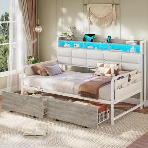 imageVIAGDO Daybed Twin Size with 2 Storage Drawers and Charging Station Metal Day Bed Frame Twin with Shelf Headboard and LED Lights Twin Corner Bed Frame for Living Room Bedroom Guest Room BlackWhite
