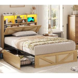 imageVIAGDO Rattan Bed Frame Queen Size with Bookcase Storage Headboard Charging Station and LED Lights Wooden Queen Bed Frame with 4 Drawers Barn Door Design No Box Spring Needed No Noise NaturalRattan
