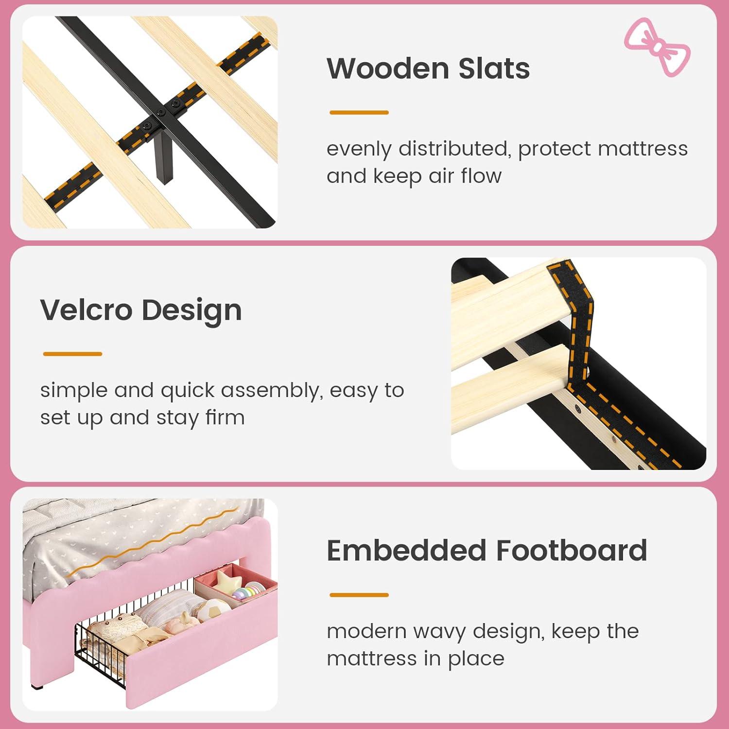 imageVIAGDO Twin Bed Frames with LED Lights and Storage Drawer Upholstered Bed Frame Twin Size with Height Adjustable Butterfly Headboard Type C and USB Charging Ports No Box Spring Needed PinkPink