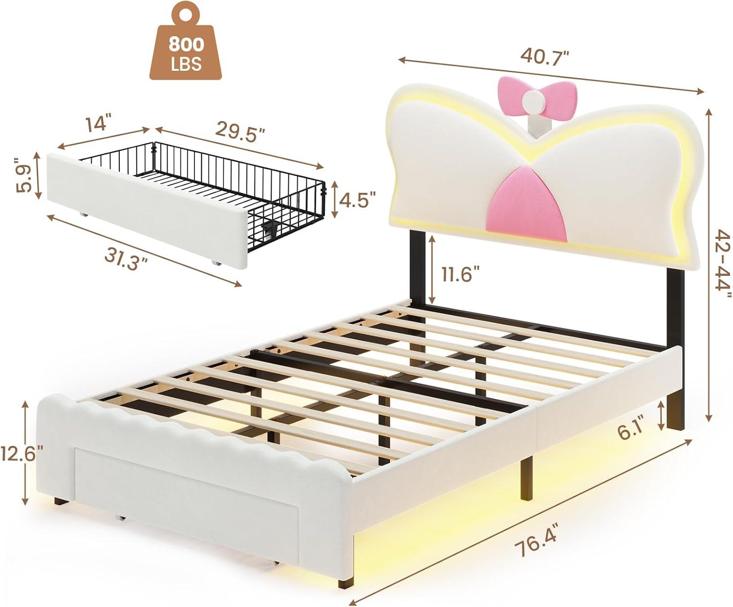 imageVIAGDO Twin Bed Frames with LED Lights and Storage Drawer Upholstered Bed Frame Twin Size with Height Adjustable Butterfly Headboard Type C and USB Charging Ports No Box Spring Needed PinkWhite
