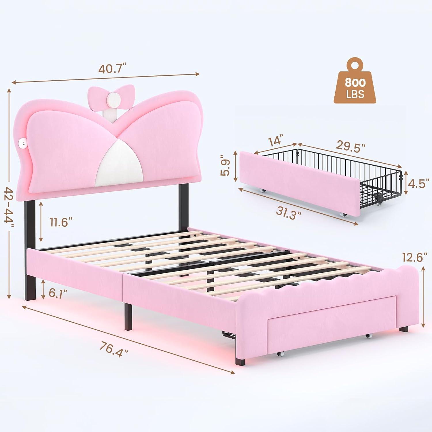 imageVIAGDO Twin Bed Frames with LED Lights and Storage Drawer Upholstered Bed Frame Twin Size with Height Adjustable Butterfly Headboard Type C and USB Charging Ports No Box Spring Needed PinkPink