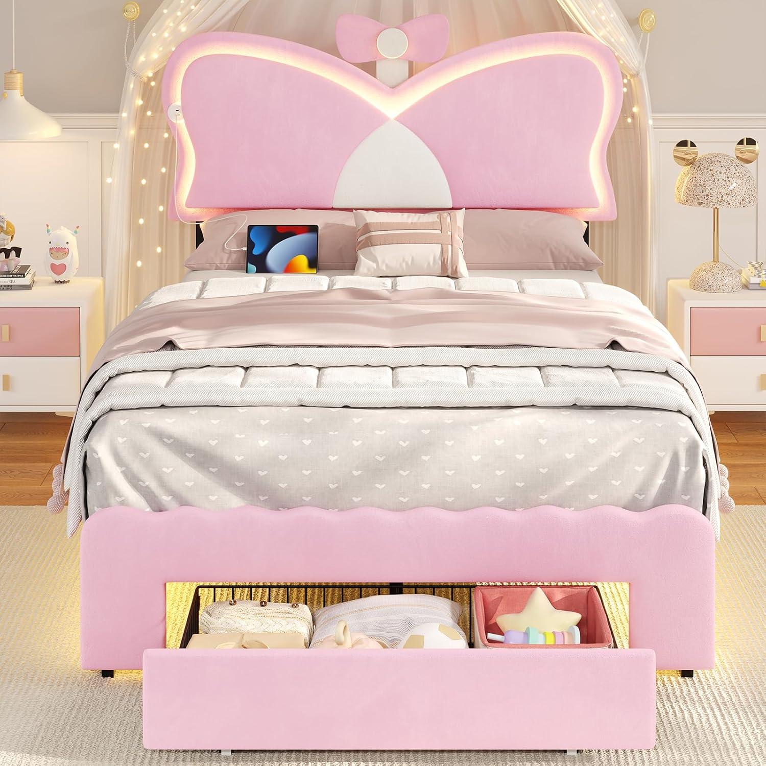 imageVIAGDO Twin Bed Frames with LED Lights and Storage Drawer Upholstered Bed Frame Twin Size with Height Adjustable Butterfly Headboard Type C and USB Charging Ports No Box Spring Needed PinkPink