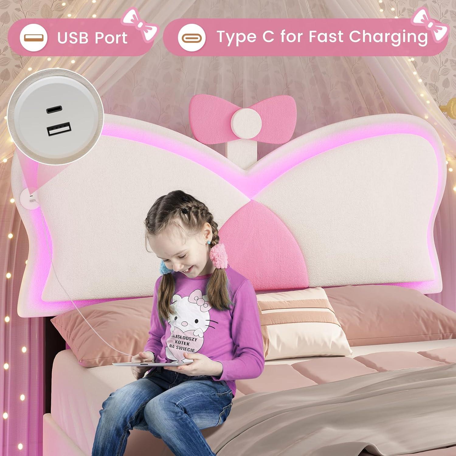 imageVIAGDO Twin Bed Frames with LED Lights and Storage Drawer Upholstered Bed Frame Twin Size with Height Adjustable Butterfly Headboard Type C and USB Charging Ports No Box Spring Needed PinkWhite