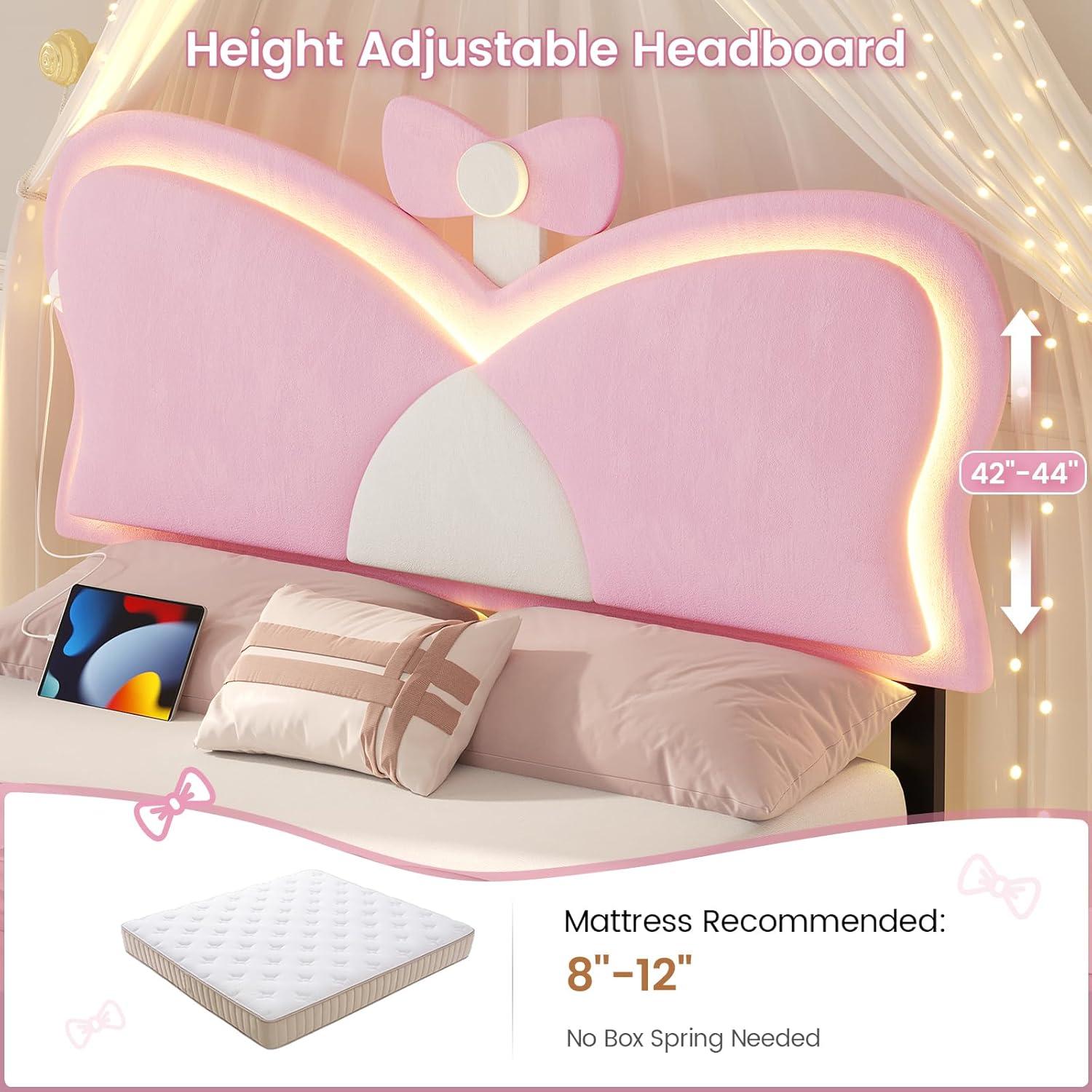 imageVIAGDO Twin Bed Frames with LED Lights and Storage Drawer Upholstered Bed Frame Twin Size with Height Adjustable Butterfly Headboard Type C and USB Charging Ports No Box Spring Needed PinkPink