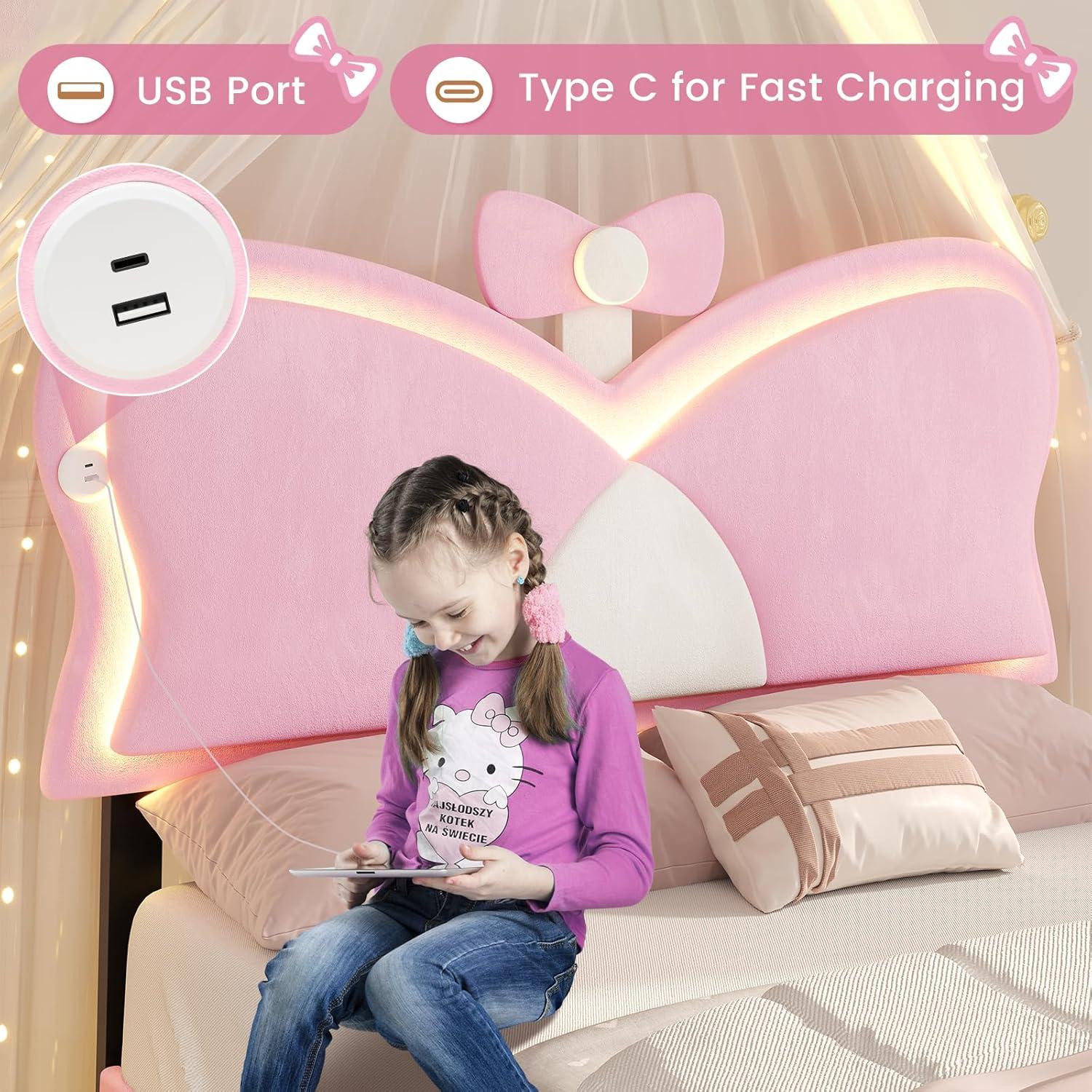 imageVIAGDO Twin Bed Frames with LED Lights and Storage Drawer Upholstered Bed Frame Twin Size with Height Adjustable Butterfly Headboard Type C and USB Charging Ports No Box Spring Needed PinkPink