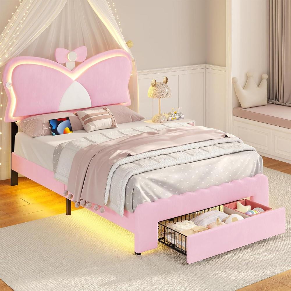 imageVIAGDO Twin Bed Frames with LED Lights and Storage Drawer Upholstered Bed Frame Twin Size with Height Adjustable Butterfly Headboard Type C and USB Charging Ports No Box Spring Needed PinkPink