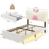 imageVIAGDO Twin Bed Frames with LED Lights and Storage Drawer Upholstered Bed Frame Twin Size with Height Adjustable Butterfly Headboard Type C and USB Charging Ports No Box Spring Needed PinkWhite