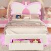 imageVIAGDO Twin Bed Frames with LED Lights and Storage Drawer Upholstered Bed Frame Twin Size with Height Adjustable Butterfly Headboard Type C and USB Charging Ports No Box Spring Needed PinkWhite