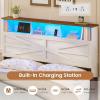 imageVIAGDO Full Size Bed Frame with 6 Drawers Farmhouse Bed Frame with Barn Door Headboard and Storage Wood Platform Bed Frame Full Size with Charging Station and LED Lights No Box Spring Needed BrownWhite