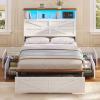 imageVIAGDO Full Size Bed Frame with 6 Drawers Farmhouse Bed Frame with Barn Door Headboard and Storage Wood Platform Bed Frame Full Size with Charging Station and LED Lights No Box Spring Needed BrownWhite