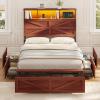 imageVIAGDO Full Size Bed Frame with 6 Drawers Farmhouse Bed Frame with Barn Door Headboard and Storage Wood Platform Bed Frame Full Size with Charging Station and LED Lights No Box Spring Needed BrownBrown