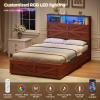 imageVIAGDO Full Size Bed Frame with 6 Drawers Farmhouse Bed Frame with Barn Door Headboard and Storage Wood Platform Bed Frame Full Size with Charging Station and LED Lights No Box Spring Needed BrownBrown